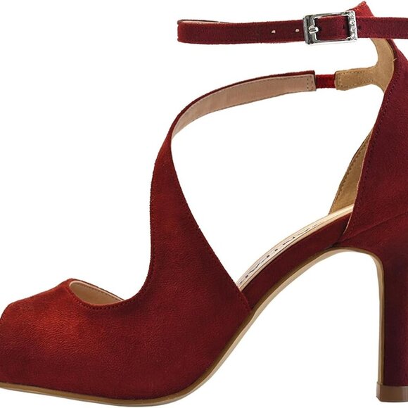 Women Sandals Suede 3.5 Inch Heels Peep Toe Strappy Wedding Dress Shoes - Picture 5 of 9